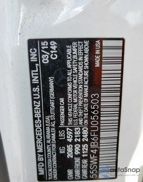 2015 Mercedes-Benz C 300 from USA, damaged, VIN 55SWF4JB6FU056503